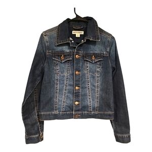 ARTISAN NY Navy Blue Denim Flap Pocket Trucker Cropped Jean Jacket sz S